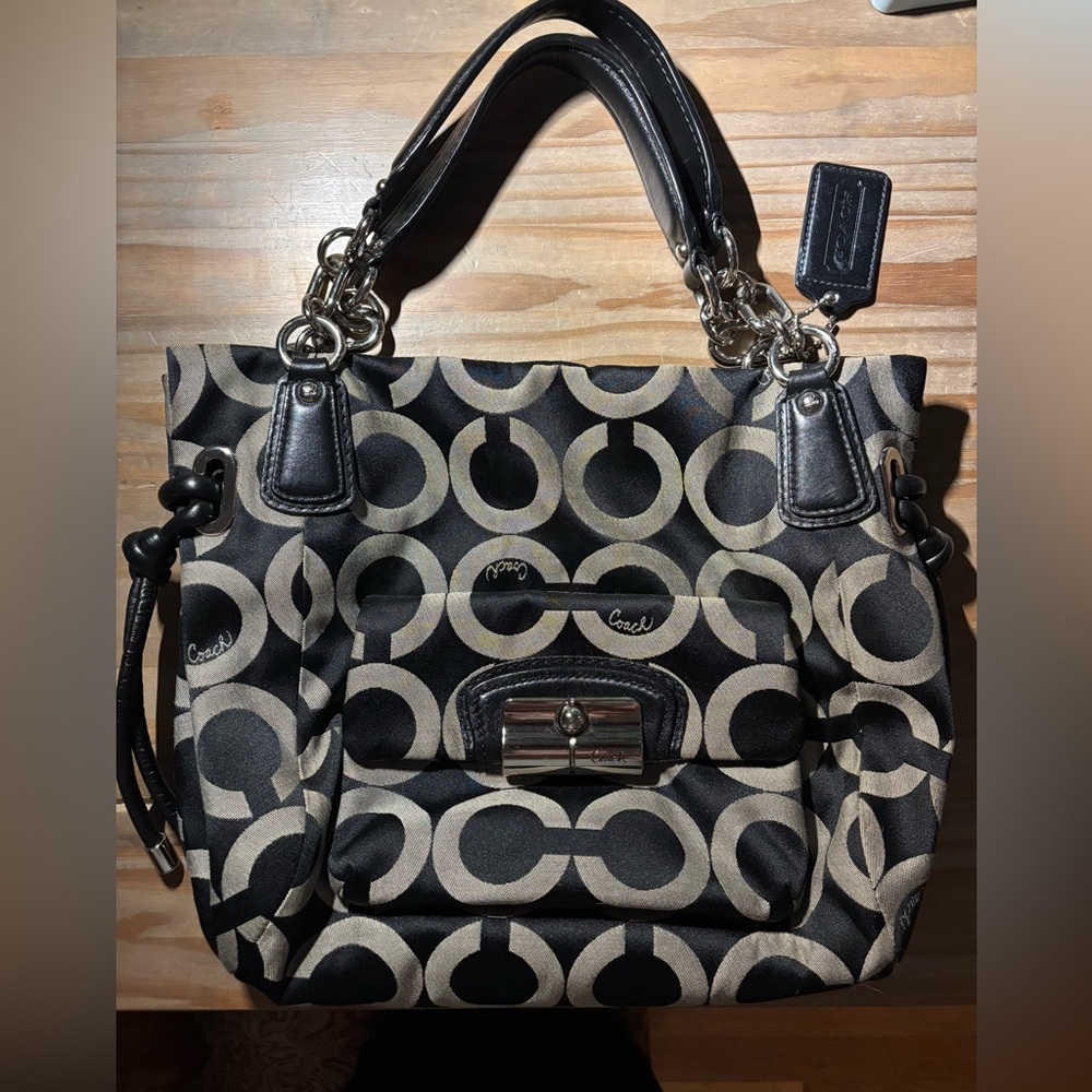 Authentic COACH Kristin OP Art EW Tote 14768 Black/Champagne, Baby Blue Lining